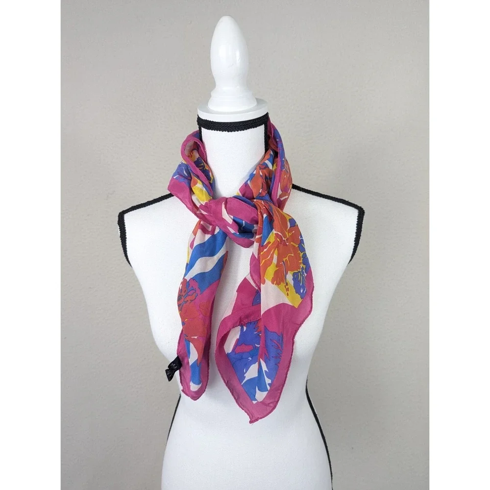 MORGAN TAYLOR Square Scarf Bright Pink Orange Blue‎ Yellow 29x31 Floral Silk